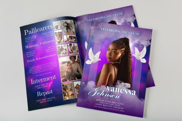 8 Page Purple Obituary Canva Template Guide