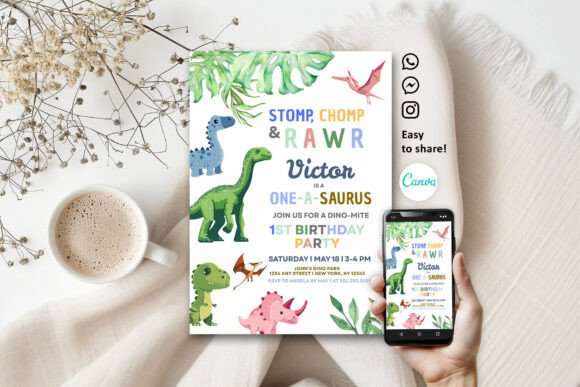 Cute Dinosaur 1st Birthday Invitation: Edit in Canva Free