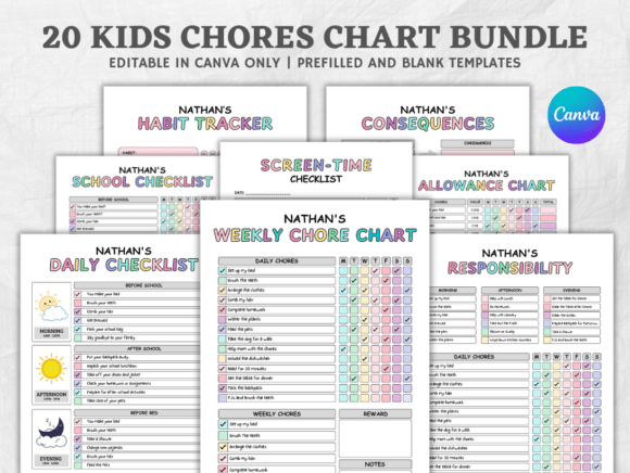 Kids Chore Chart Bundle: Editable Canva Templates